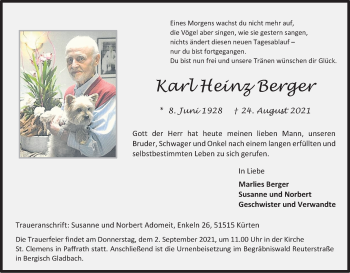 Anzeige von Karl Heinz Berger von Kölner Stadt-Anzeiger / Kölnische Rundschau / Express