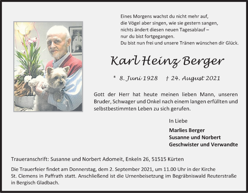  Traueranzeige für Karl Heinz Berger vom 28.08.2021 aus Kölner Stadt-Anzeiger / Kölnische Rundschau / Express