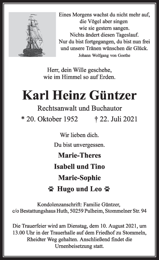  Traueranzeige für Karl Heinz Güntzer vom 06.08.2021 aus  Wochenende 