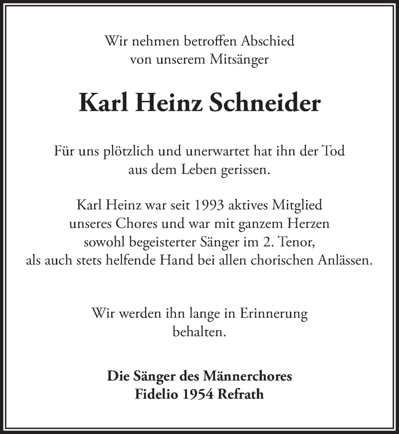  Traueranzeige für Karl Heinz Schneider vom 27.08.2021 aus  Bergisches Handelsblatt 