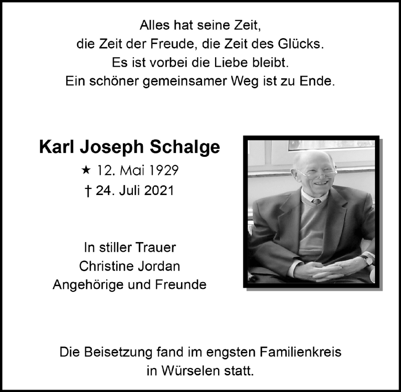  Traueranzeige für Karl Joseph Schalge vom 27.08.2021 aus  Schaufenster/Blickpunkt 