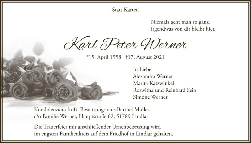  Traueranzeige für Karl Peter Werner vom 27.08.2021 aus  Anzeigen Echo 