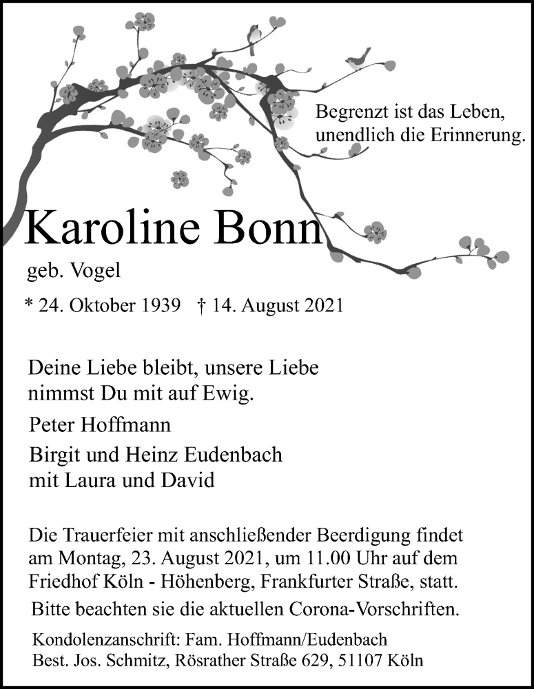  Traueranzeige für Karoline Bonn vom 21.08.2021 aus Kölner Stadt-Anzeiger / Kölnische Rundschau / Express