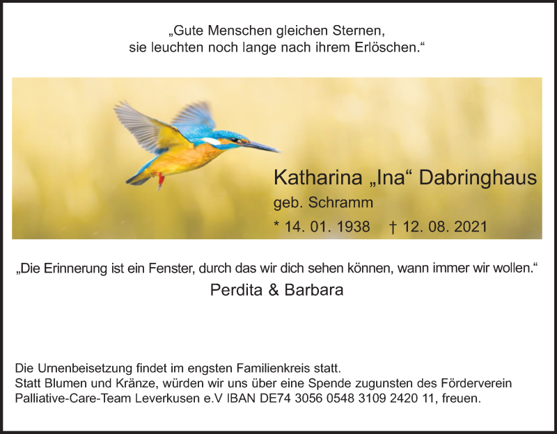  Traueranzeige für Katharina Dabringhaus vom 21.08.2021 aus Kölner Stadt-Anzeiger / Kölnische Rundschau / Express