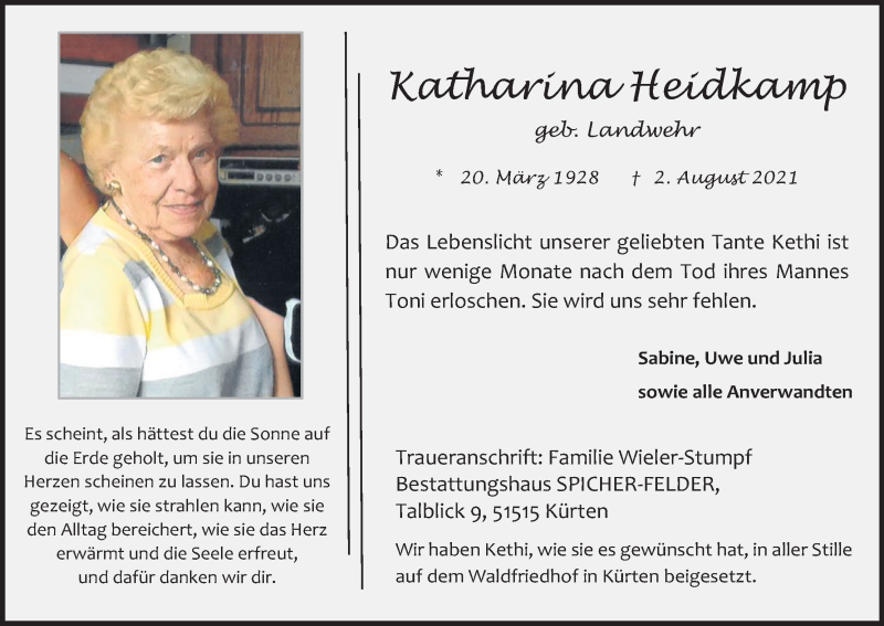  Traueranzeige für Katharina Heidkamp vom 21.08.2021 aus Kölner Stadt-Anzeiger / Kölnische Rundschau / Express