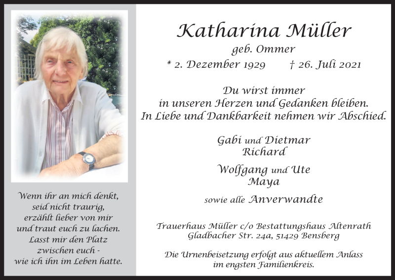  Traueranzeige für Katharina Müller vom 31.07.2021 aus Kölner Stadt-Anzeiger / Kölnische Rundschau / Express