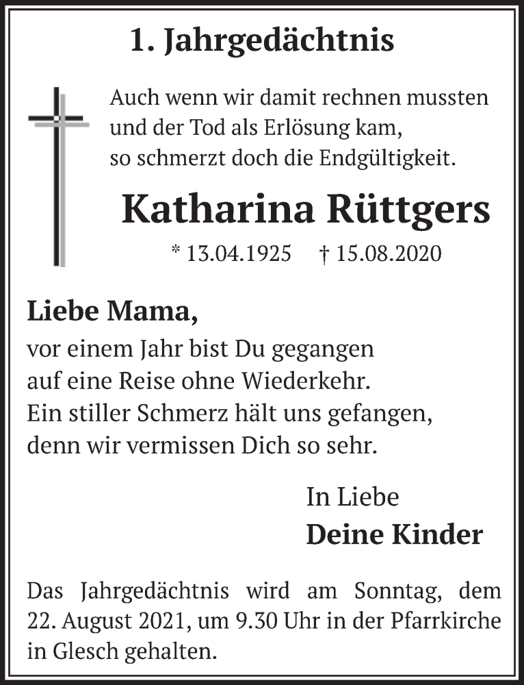  Traueranzeige für Katharina Rüttgers vom 13.08.2021 aus  Werbepost 