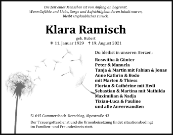 Anzeige von Klara Ramisch von Kölner Stadt-Anzeiger / Kölnische Rundschau / Express