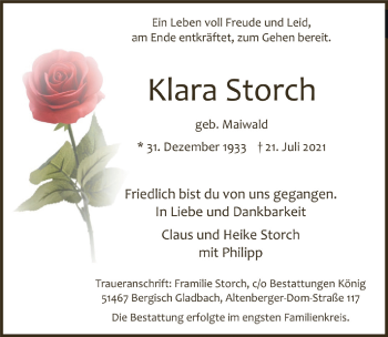 Anzeige von Klara Storch von  Bergisches Handelsblatt 