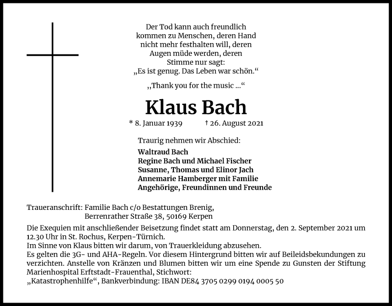  Traueranzeige für Klaus Bach vom 31.08.2021 aus Kölner Stadt-Anzeiger / Kölnische Rundschau / Express