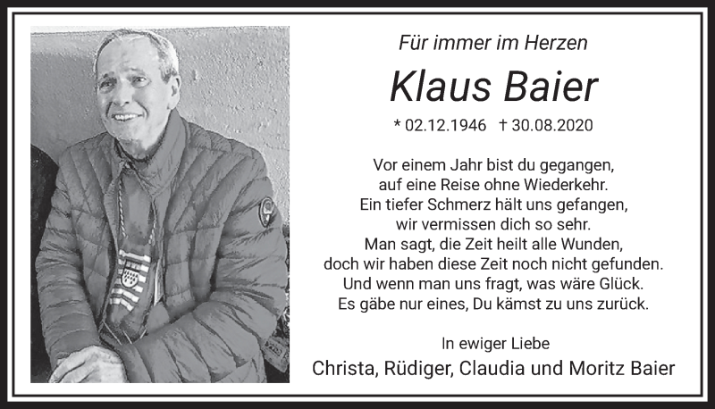  Traueranzeige für Klaus Baier vom 27.08.2021 aus  Wochenende 