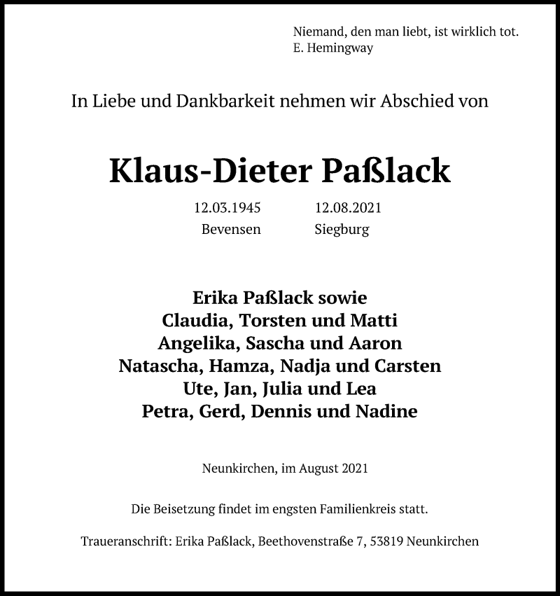  Traueranzeige für Klaus-Dieter Paßlack vom 18.08.2021 aus Kölner Stadt-Anzeiger / Kölnische Rundschau / Express