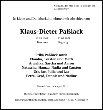 Anzeige von Klaus-Dieter Paßlack von Kölner Stadt-Anzeiger / Kölnische Rundschau / Express