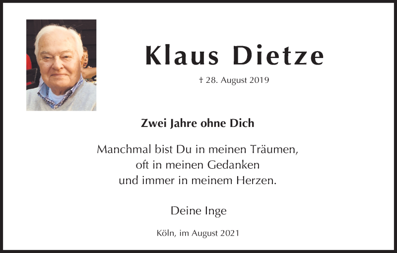  Traueranzeige für Klaus Dietze vom 28.08.2021 aus Kölner Stadt-Anzeiger / Kölnische Rundschau / Express