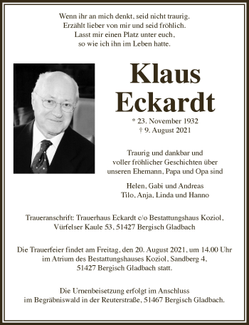 Anzeige von Klaus Eckardt von  Bergisches Handelsblatt 