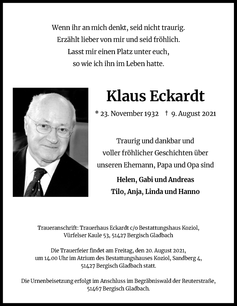  Traueranzeige für Klaus Eckardt vom 14.08.2021 aus Kölner Stadt-Anzeiger / Kölnische Rundschau / Express