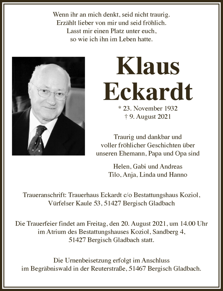  Traueranzeige für Klaus Eckardt vom 13.08.2021 aus  Bergisches Handelsblatt 