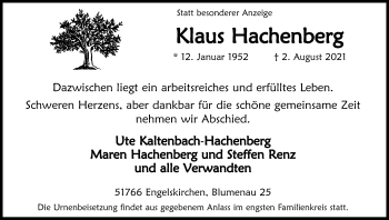 Anzeige von Klaus Hachenberg von Kölner Stadt-Anzeiger / Kölnische Rundschau / Express