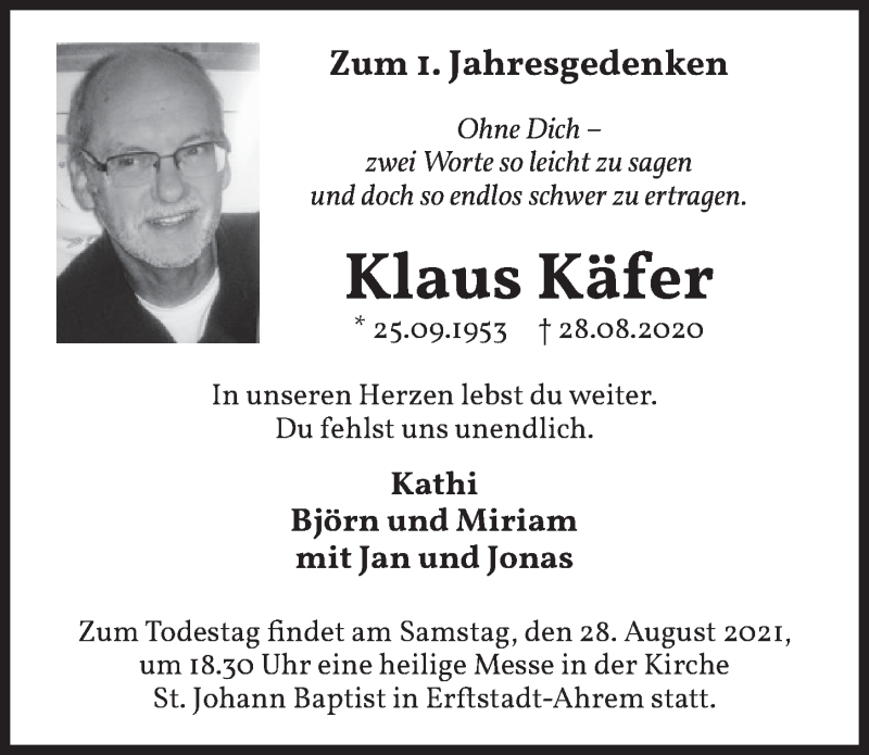  Traueranzeige für Klaus Käfer vom 20.08.2021 aus  Werbepost 