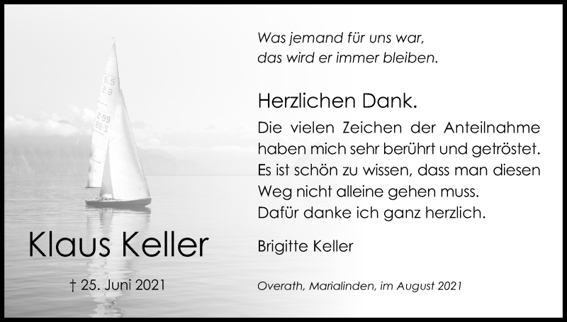  Traueranzeige für Klaus Keller vom 14.08.2021 aus Kölner Stadt-Anzeiger / Kölnische Rundschau / Express