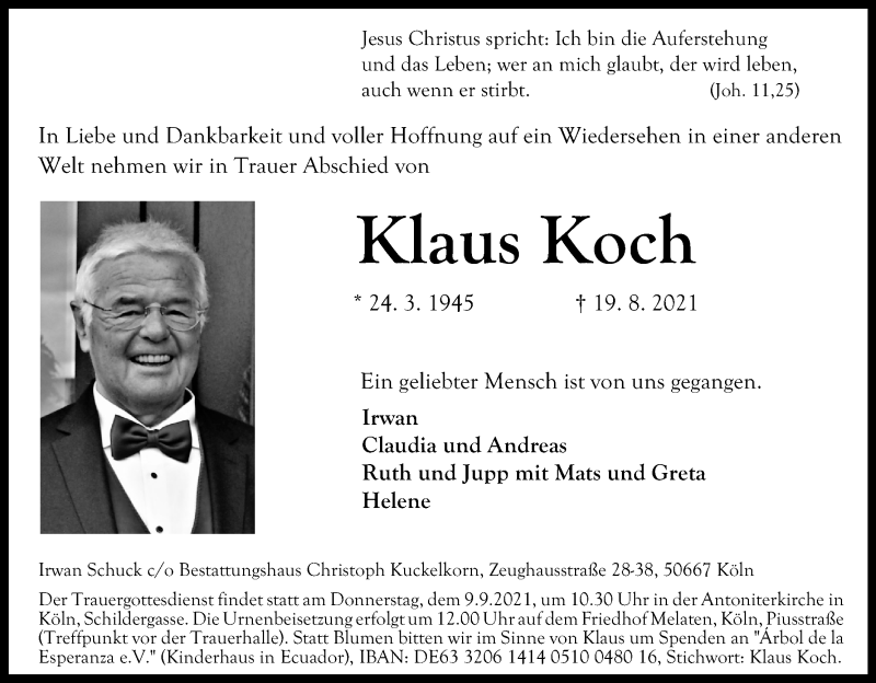  Traueranzeige für Klaus Koch vom 28.08.2021 aus Kölner Stadt-Anzeiger / Kölnische Rundschau / Express