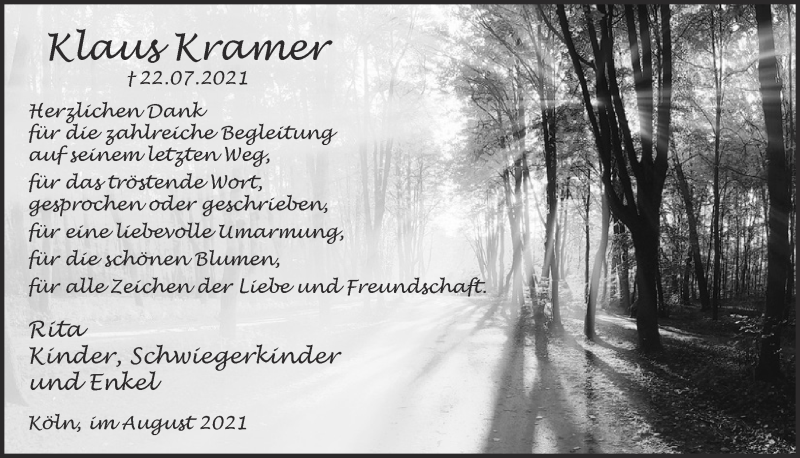 Traueranzeige für Klaus Kramer vom 20.08.2021 aus  Kölner Wochenspiegel 