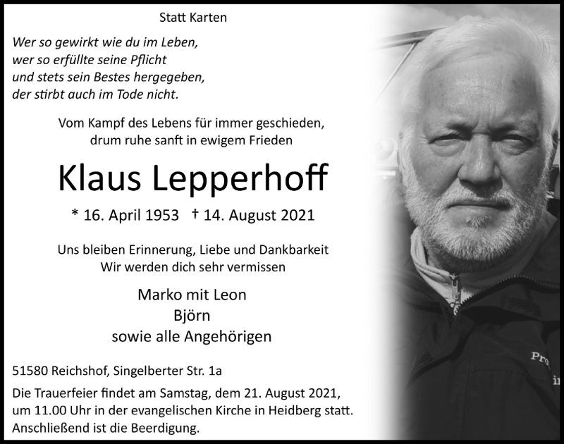  Traueranzeige für Klaus Lepperhoff vom 20.08.2021 aus  Anzeigen Echo  Lokalanzeiger 
