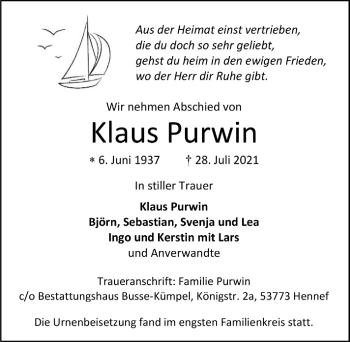 Anzeige von Klaus Purwin von  Extra Blatt 