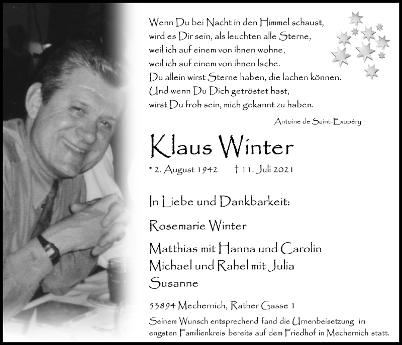  Traueranzeige für Klaus Winter vom 21.08.2021 aus  Blickpunkt Euskirchen 