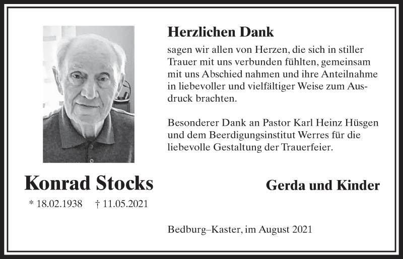  Traueranzeige für Konrad Stocks vom 13.08.2021 aus  Werbepost 