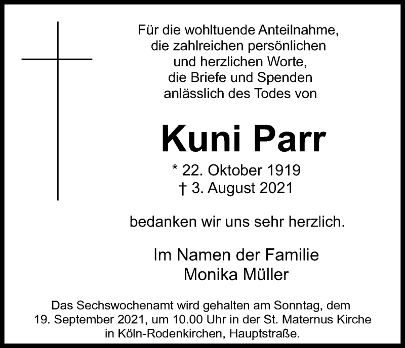 Traueranzeige für Kuni Parr vom 21.08.2021 aus Kölner Stadt-Anzeiger / Kölnische Rundschau / Express