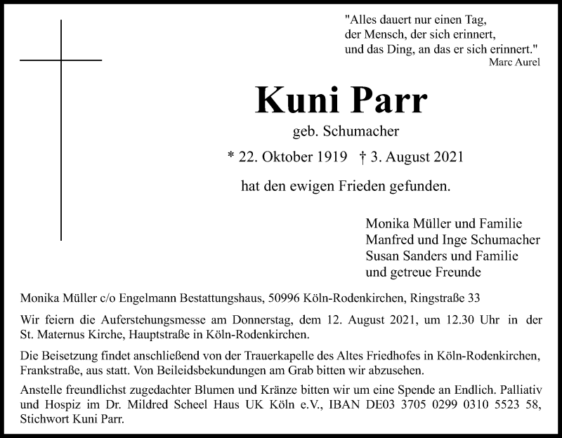 Traueranzeige für Kuni Parr vom 07.08.2021 aus Kölner Stadt-Anzeiger / Kölnische Rundschau / Express