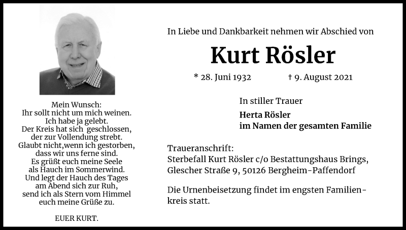  Traueranzeige für Kurt Rösler vom 14.08.2021 aus Kölner Stadt-Anzeiger / Kölnische Rundschau / Express