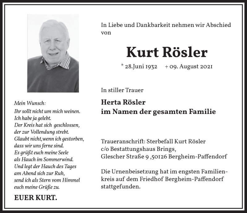  Traueranzeige für Kurt Rösler vom 20.08.2021 aus  Werbepost 