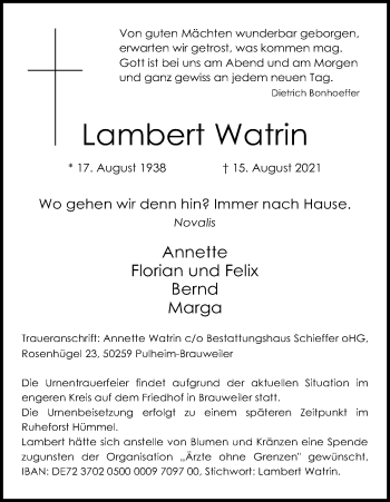 Anzeige von Lambert Watrin von Kölner Stadt-Anzeiger / Kölnische Rundschau / Express