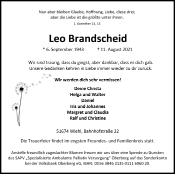 Anzeige von Leo Brandscheid von Kölner Stadt-Anzeiger / Kölnische Rundschau / Express