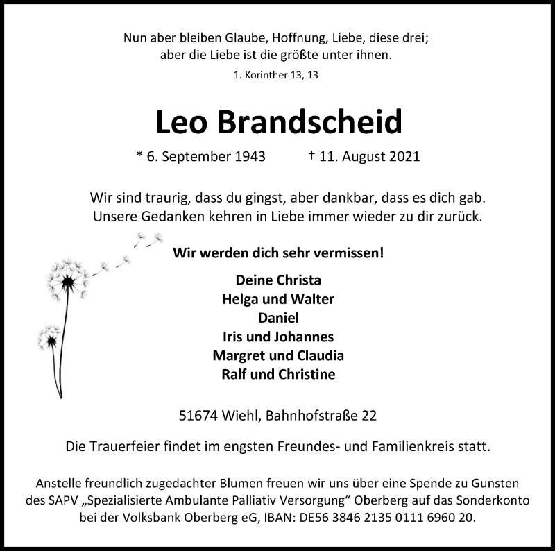  Traueranzeige für Leo Brandscheid vom 14.08.2021 aus Kölner Stadt-Anzeiger / Kölnische Rundschau / Express
