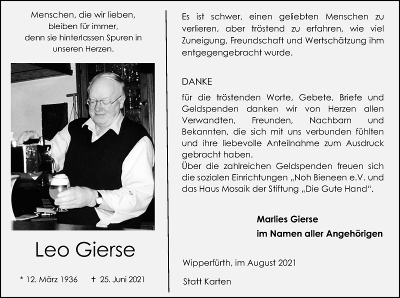  Traueranzeige für Leo Gierse vom 07.08.2021 aus Kölner Stadt-Anzeiger / Kölnische Rundschau / Express