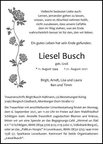 Anzeige von Liesel Busch von Kölner Stadt-Anzeiger / Kölnische Rundschau / Express