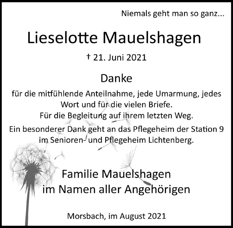  Traueranzeige für Lieselotte Mauelshagen vom 20.08.2021 aus  Lokalanzeiger 