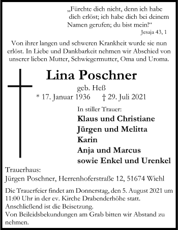 Anzeige von Lina Poschner von Kölner Stadt-Anzeiger / Kölnische Rundschau / Express