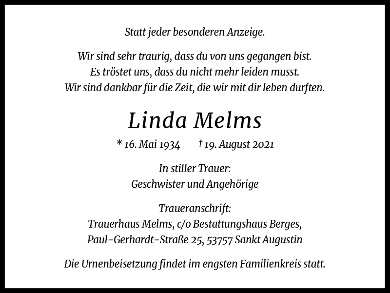  Traueranzeige für Linda Melms vom 25.08.2021 aus Kölner Stadt-Anzeiger / Kölnische Rundschau / Express