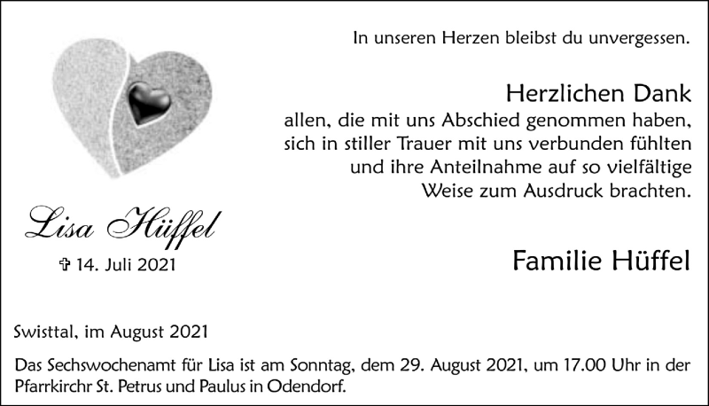  Traueranzeige für Lisa Hüffel vom 27.08.2021 aus  Schaufenster/Blickpunkt 