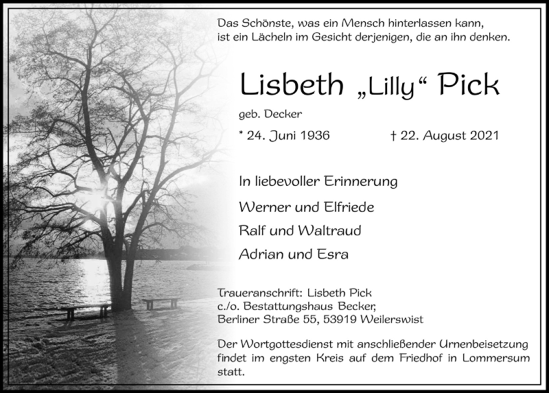  Traueranzeige für Lisbeth  Pick vom 28.08.2021 aus  Blickpunkt Euskirchen 