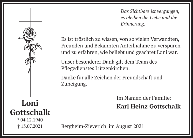  Traueranzeige für Loni Gottschalk vom 27.08.2021 aus  Werbepost 