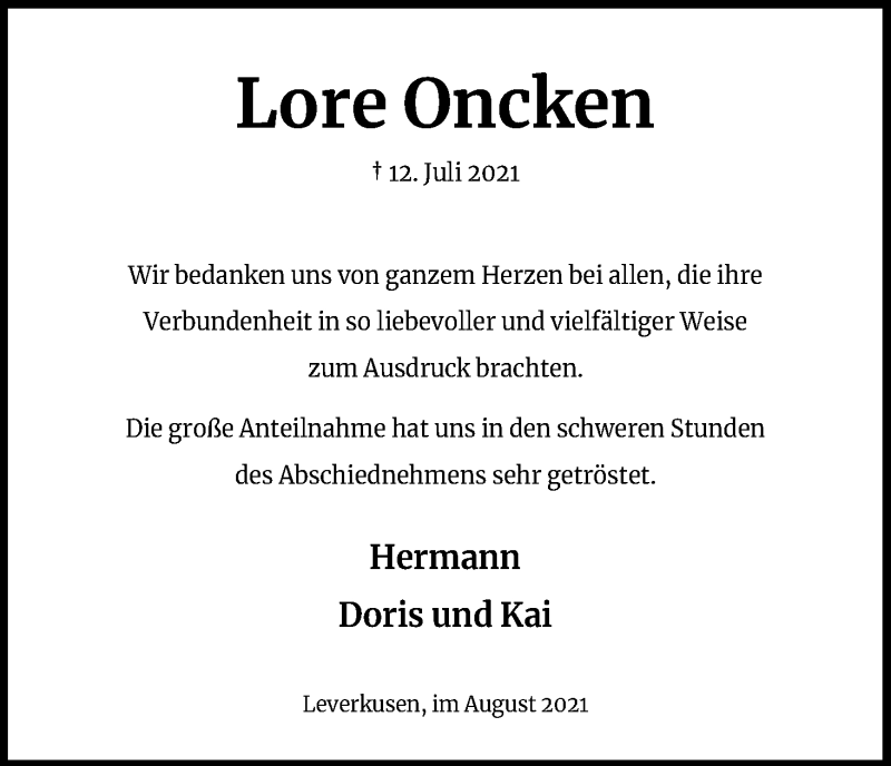  Traueranzeige für Lore Oncken vom 07.08.2021 aus Kölner Stadt-Anzeiger / Kölnische Rundschau / Express