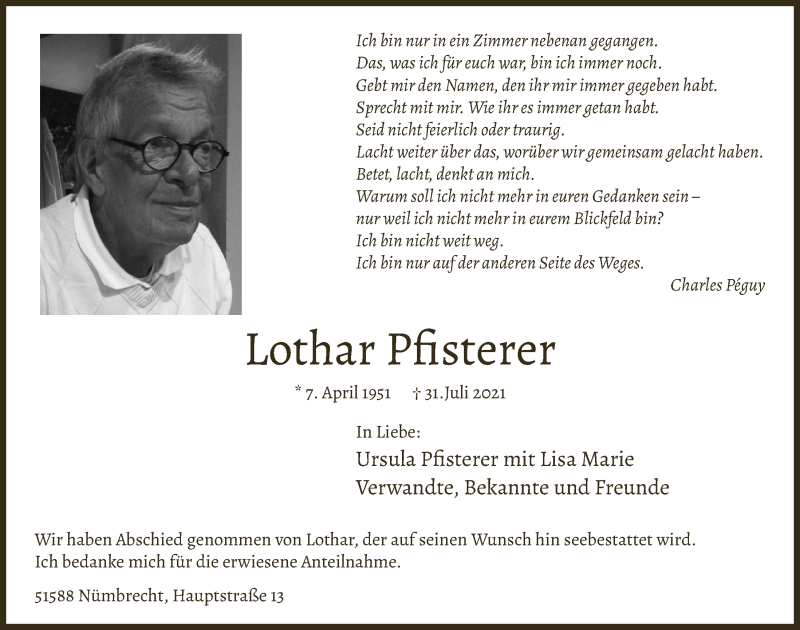  Traueranzeige für Lothar Pfisterer vom 27.08.2021 aus  Lokalanzeiger 