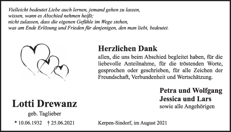  Traueranzeige für Lotti Drewanz vom 06.08.2021 aus  Werbepost 