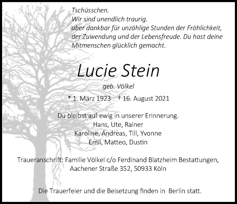  Traueranzeige für Lucie Stein vom 21.08.2021 aus Kölner Stadt-Anzeiger / Kölnische Rundschau / Express