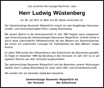 Anzeige von Ludwig Wüstenberg von Kölner Stadt-Anzeiger / Kölnische Rundschau / Express